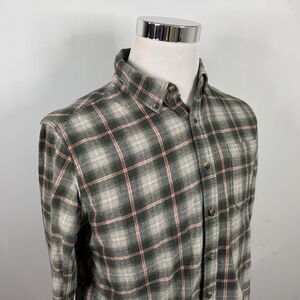 Eddie Bauer Medium Flannel Outdoor Shirt Green Orange Plaid Cotton Button Down